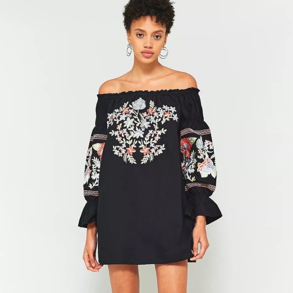 Free People Embroidered Black Off-Shoulder Dress